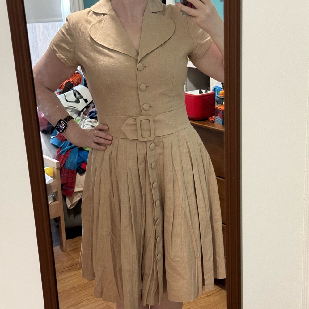 Classic Pleated Belted Shirtwaist Dress in Tan